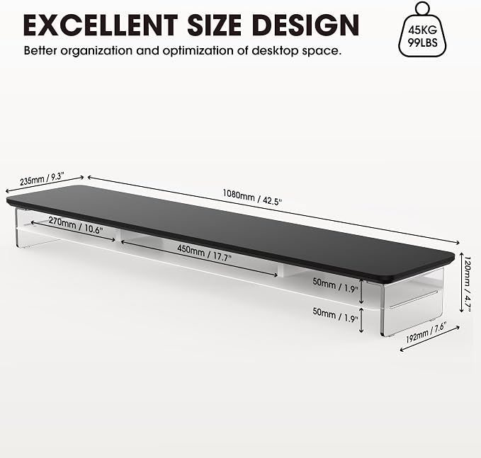 Fenge 42.5" Dual Monitor Stand with Clear Acrylic Legs, Black | Clear Acrylic, Storage Compartment, 2-tier Home Office Monitor Riser, Wide Large Desktop Shelf Fit Monitor/Laptop/Printer
