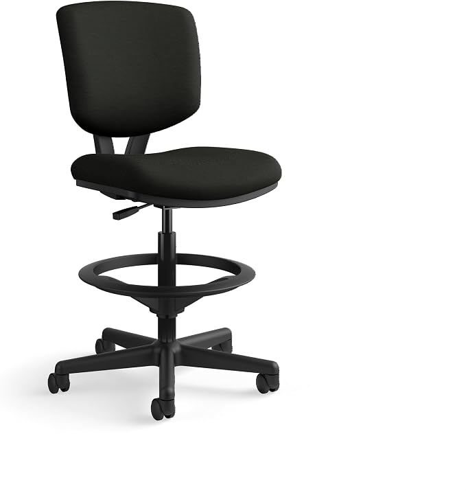 HON Volt Standing Desk Chair with Bonded Leather Seat and Back, Armless Ergonomic Task Stool with Adjustable Footring and Center‑Tilt Recline for Sit‑Stand Workstations, Black