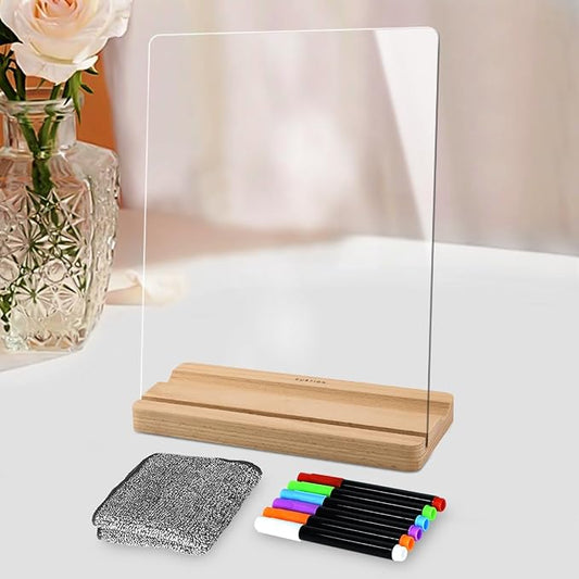 Clear Acrylic Dry Erase Board with Wood Stand – 9x12 Desktop Whiteboard for Writing, Drawing & Planning – Includes 6 Liquid Chalk Markers – Transparent Message Board for Home, Office, School