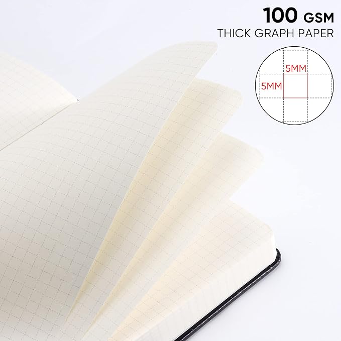 Graph Paper Notebook with 280 Pages,A5 Grid Paper Notebook/Journal,100gsm Thick Graph Leather Journal for Math Science Students,5.75'' × 8.38''-Black