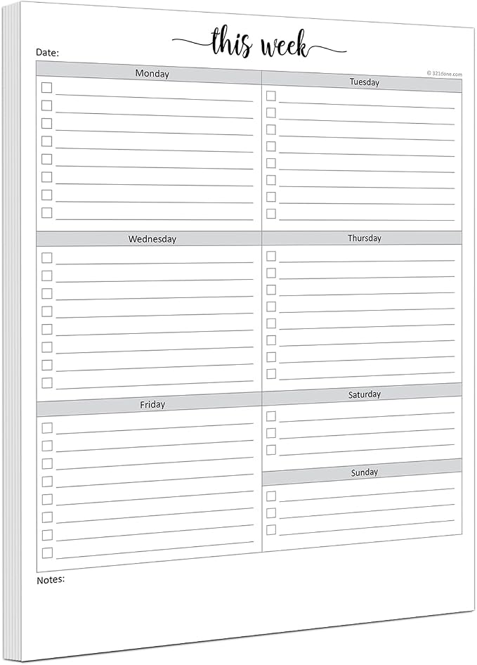 321Done Weekly Checklist Notepad, 8.5x11 Large Letter-Size Pad - 50 Tear-Off Sheets, Undated Monday-Sunday Schedule, Daily Task Planner for Home, Office & Student Use - Made in USA