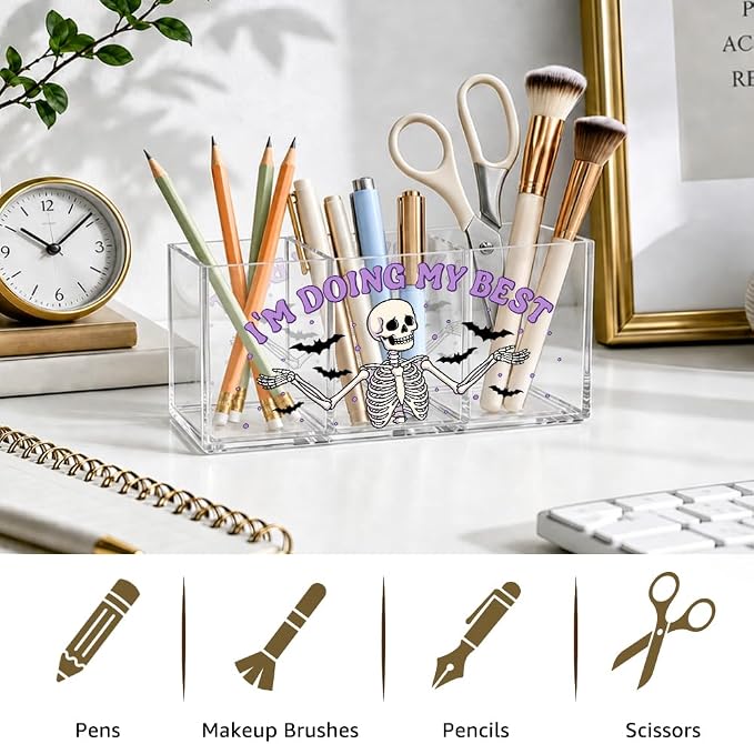 Skeleton Acrylic Desk Organizer, 3 Compartment Pen Holder, “I’m Doing My Best” Gothic Office Storage Box, Cute Skull Stationery Organizer for Desk Decor, Home & Office Supplies for Coworker