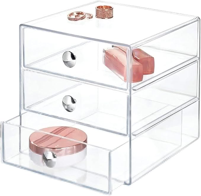 AJIODA Makeup Drawer Organizer Box with 3 Drawers, Acrylic Cosmetic Display Case Vanity Organizer Jewelry Storage Box Stackable Storage for Cosmetics, Skin Care, Bathroom, Countertop, Silver Handle