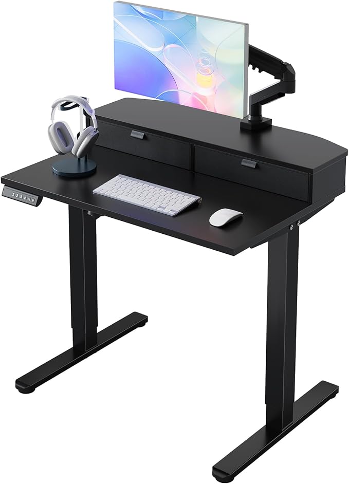 HUANUO 32 x 21 inch Small Electric Standing Desk with 2 Drawers, C-Clamp Mount Compatible, Height Adjustable Sit Stand Desk, Home Office Stand Up Desk with 4 Memory Height Settings, Black