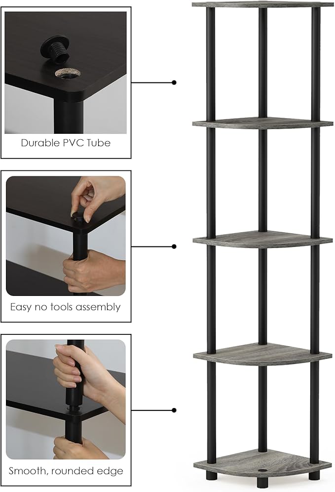 Furinno TURN-N-TUBE Corner Shelf, 5-Tier Corner Bookshelf, Open Storage Shelves, for Organization and Storage, Living Room, Home Office, Garage, Bedroom, French Oak