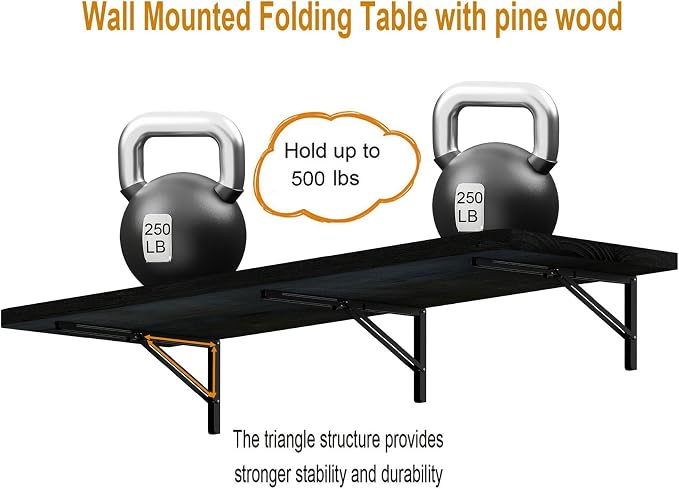 IAE Floating Wall Mounted Folding Table Desk with Pine Wood,60" x 22" Foldable Workbench,Fold Down Wall Mounted Foldable Desk with Shelf Brackets,Laundry Folding Table for Home,Dining,Kitchen, Black