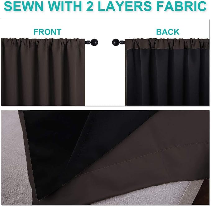 NICETOWN Complete 100% Blackout Curtains, Thermal Insulated & Energy Efficiency Window Draperies with Black Liner, Noise Reducing Drapes for Kids (Brown, 42 inches W by 63 inches L, Double Panels)