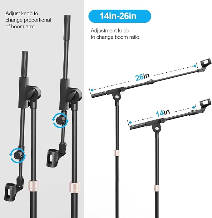 Mic Stand with Boom Arm, Heavy Duty Tripod Microphone Stand Floor Holder Height Adjustable with Carrying Bag and 2 Mics Clips for Singing Performance, Home Studio Recording, Podcast and Stage