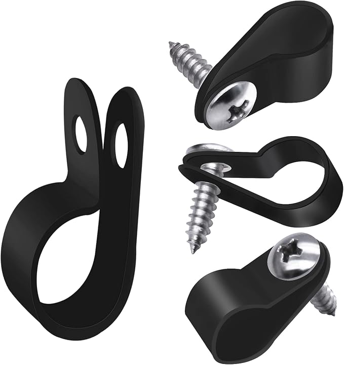 mankk 100PCS 1/4 Inch Rope Light Clips P-Style Mounting Clips Plastic Cable Clamps with Compatible Stainless Steel Pan Head Phillips Screws for Wire Management M-034-BK-LS