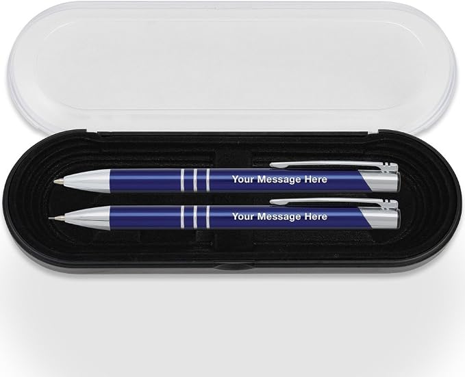 5 Personalized Engraved Classic Metal Ballpoint Pen & Mechanical Pencil Gift Set. Includes Case - Sapphire Blue Color with Silver Accents. Black Ink.