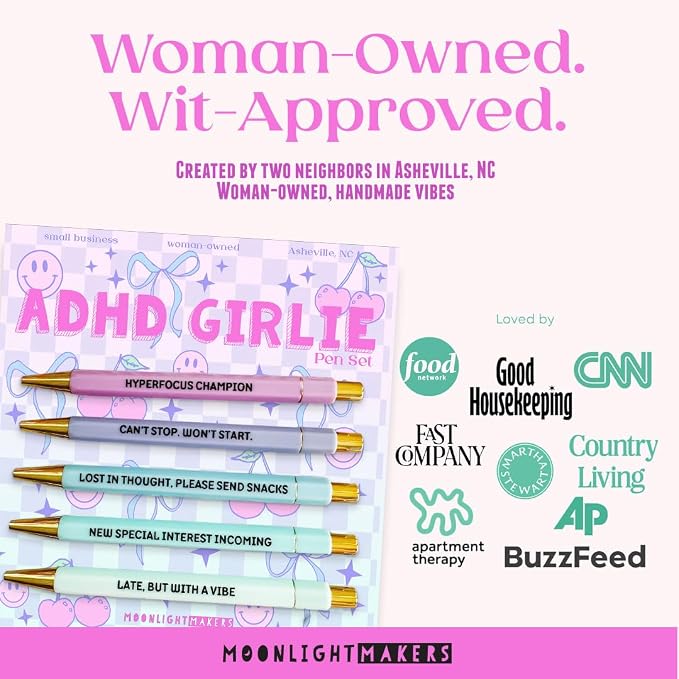 Moonlight Makers - Set of 5 Ballpoint Pens Black Ink - Engraved Funny Pens for Adults - ADHD Girlie Appreciation Adult Gifts - Ideal Desk Decor for Work and Office Desk - Cute Packaging, Handy Clips