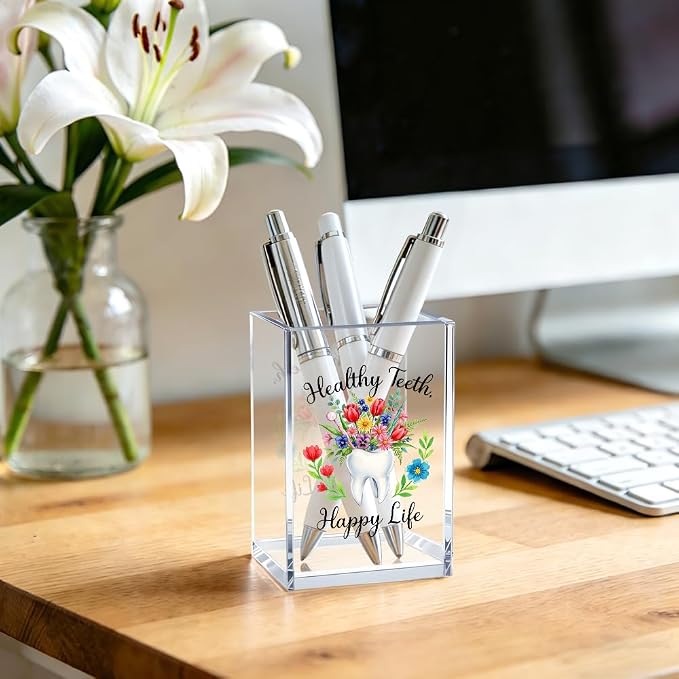 Healthy Teeth Happy Life Floral Nurse Acrylic Pen Holder Cup | Cosmetic Pencil Pen Bookmark Storage, Gifts for Dentist Dental Assistant Orthodontist, Gifts for New Dentists Med Student