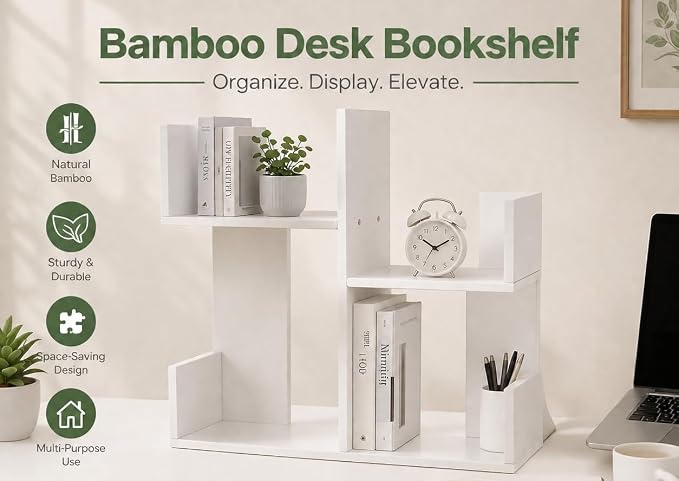 Modern 2-Tier Desk Bookshelf, Short Book Organizer, Display Shelf & Desktop Storage Rack, Space-Saving Desk Bookshelf for Books, Decor & Small Items, White