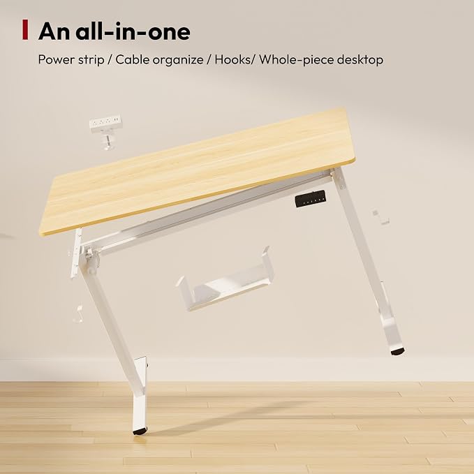 SANODESK Electric Standing Desk with Desk Clamp Power Strip 60"x 24" Whole-Piece Desktop Height Adjustable Stand Up Desk with Cable Management Sit Stand Home Office Desk White Frame/Maple Top