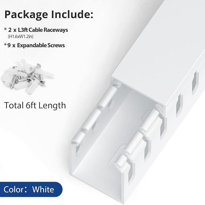 1.6"H x 1.2"W Cable Raceway, 6ft Under Desk Wire Management Channel, White | Slotted Wire Duct, 2 Pack (3 ft Each), Heavy-Duty PVC Cable Management for Server Racks, Network Cables & Electrical Cabinets