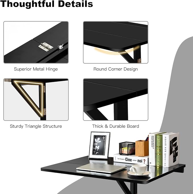 COSTWAY Wall Mounted Folding Table, 31.5" x 23.5" Drop-Leaf Floating Writing Desk for Small Spaces, Space-Saving Fold Down Laptop Workstation for Kitchen, Bedroom, Laundry Room, Study Room (Black)