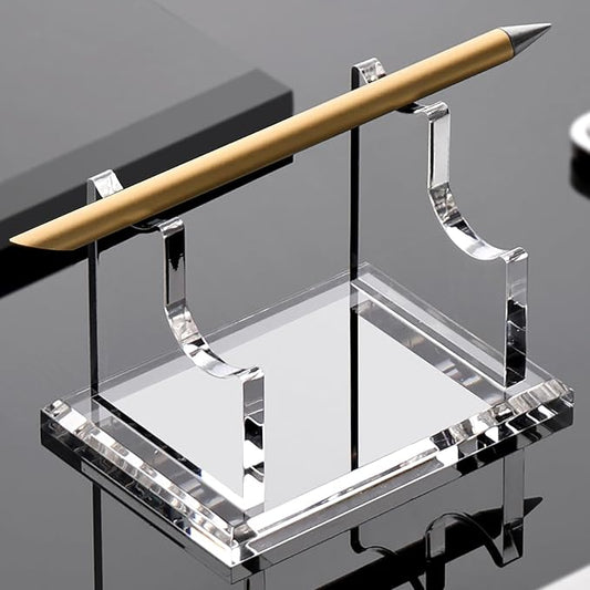 YUXUN Acrylic Pen Holder for Desk - Horizontal Double Pen Display Stand with 8mm Thick Base | Fountain Pen Rest, Apple Pencil Stand, Crystal-Clear Desk Organizer