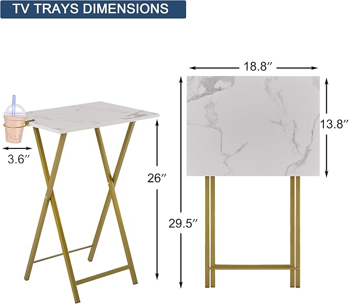 VECELO Folding TV Tray for Eating Set of 4, Portable Dinner/Snack Table with Cup Holder for Couch, Living Room and Small Space, Gold