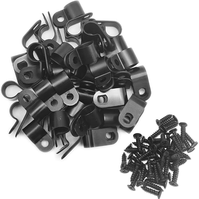 Cable Clamp R-Type Cable Clip Wire Clamp 5/16" Nylon Screw Mounting Cord Fastener Clips with Screws for Wire Management - Black - 50 Pcs