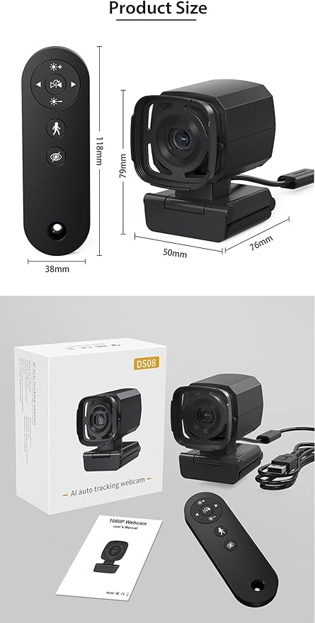 Webcam for PC, AI Auto Tracking, Remote Control, in-line Dual Noise Canceling Microphones, Full HD 1080P Video Calls, 73° Angle View, Privacy Shutter, USB Plug and Play, Low Light Correction