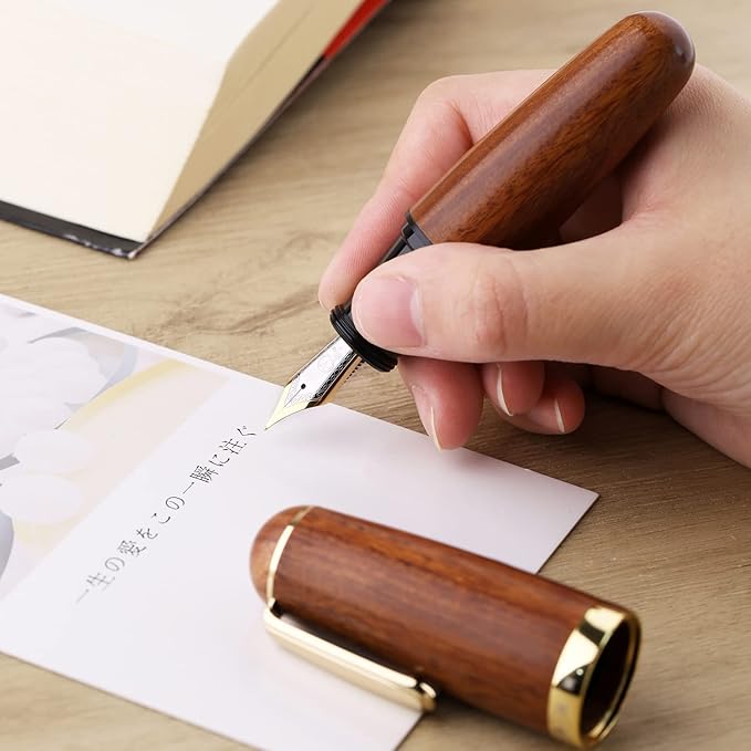 Majohn Q1 Fountain Pen Extra Fine Nib Brown Wood, Little Fat Man Eyedropper Filling Pocket Pen Large Capacity