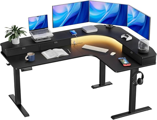 HUANUO 65″ L Shaped Standing Desk with 3 Drawers, Electric Height Adjustable Corner Computer Desk with Power Outlets & LED Strip, Sit Stand Up Desk for Home Office, Black