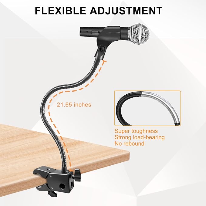 Microphone Stand, Versatile Mic Arm for Desk Pole Tripod, Gooseneck Mic Stand Desk Mount with Super Clamp Mic holder and 3/8" to 5/8" Adapter, Fits for Blue Snowball and Other Microphones (21 Inch)