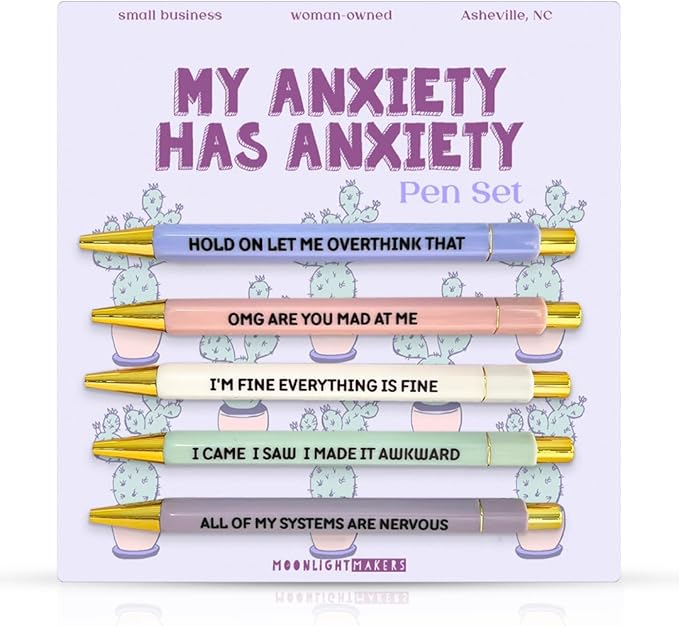 Moonlight Makers Funny Pens — Cute Pens with Sayings for Anxiety, Black Ink Ballpoint, Snarky Office Desk Accessories, Women, Coworkers, Friends, Gift Ideas, Set of 5, My Anxiety Has Anxiety