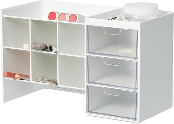Blue Ginkgo Stackable Desk & Pen Organizer, White, Made in Korea | Multi-Compartment. 3 Transparent Drawers. Easy Access.