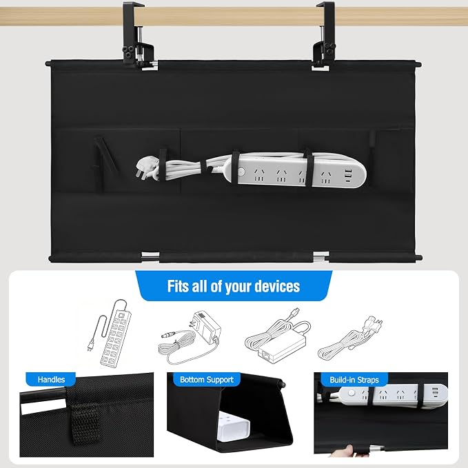 Under Desk Cable Management Tray, 36-Inch Heavy Duty No-Drill Clamp & Screw Mount Cord Organizer, Holds Power Strip & Large Adapters for Home Office, Gaming Desk, Study Room