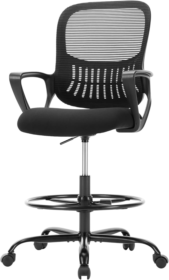 Sweetcrispy Tall Drafting Desk Chair - Ergonomic High Stool Computer with Adjustable Height and Comfy Lumbar Support, Office Rolling Counter with Flixed Arms and Footrest, Dark Black