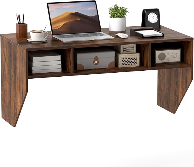 GOFLAME Wall-Mounted Computer Desk, Floating Study Table with Spacious Tabletop and 3 Open Compartments, Home Office Working Desk, PC Laptop Workstation, Vanity Table for Makeup Room (Rustic Brown)