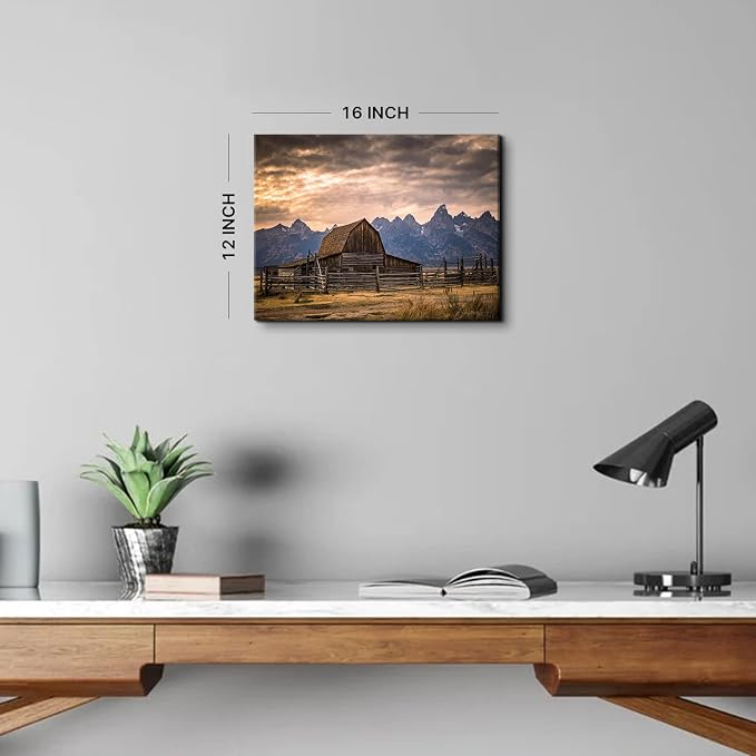 Grand Teton National Park Canvas Wall Art Sunset Moulton Barn Landscape Wall Decor, Wyoming Nature Mountains Scenery Picture Artwork Painting Decoration for Home Living Room Bedroom Kitchen 12x16"