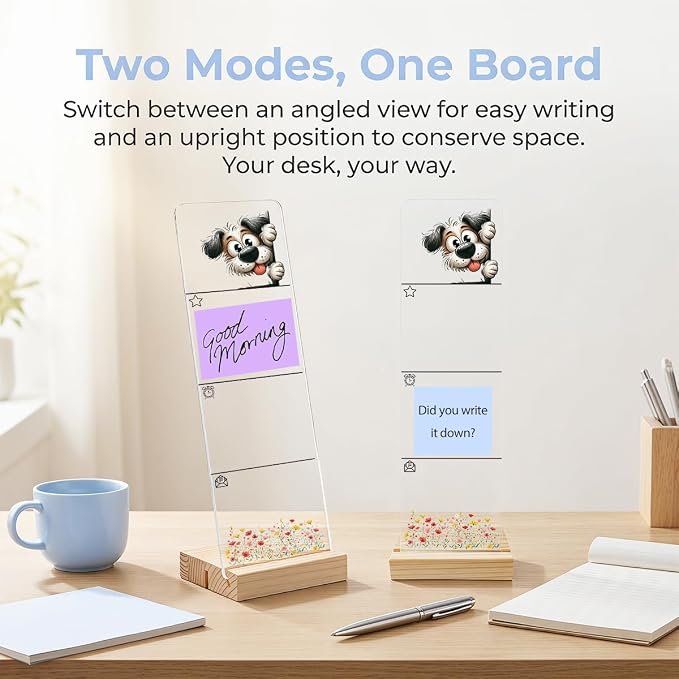 Sticky Note Holder, Monitor Memo Board, Acrylic Post It Note Holder with Wooden Base, Includes 200 Notes, Desk Organizer for Office, Dog Design