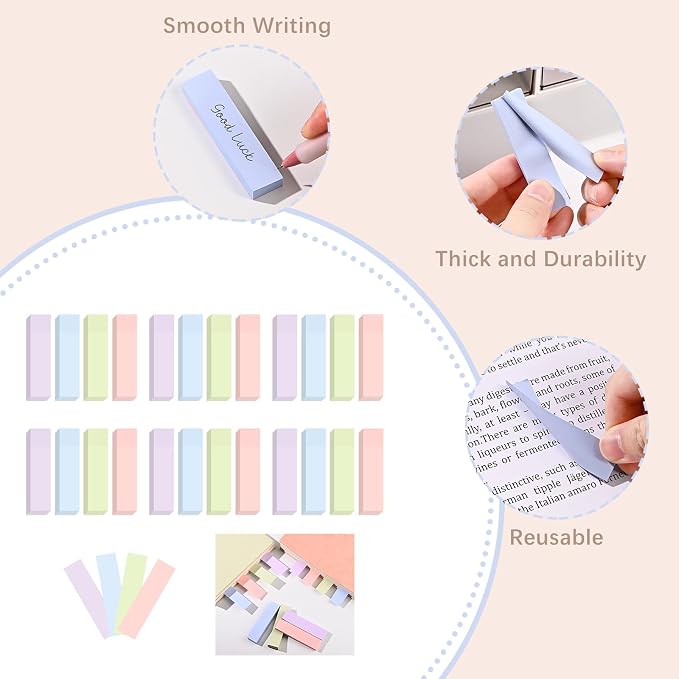 BAYTORY 6 Pads Pastel Index Tabs, Small Sticky Notes, 4 Colors Self-Stick Note Pads, Easy to Post for School Office Notebook (3x0.7 Inch)