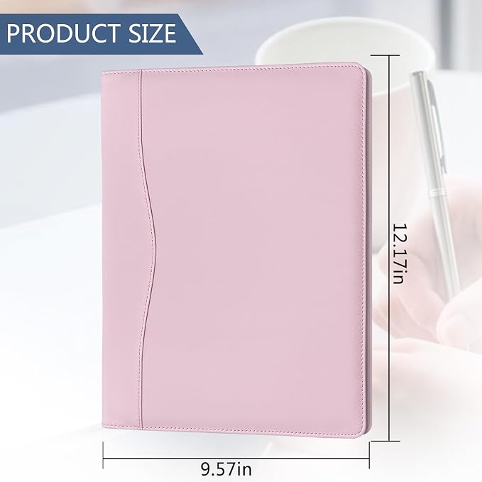 Padfolio Portfolio Folder Portfolio Organizer for A4 Size Pad - Faux Leather Folder with Storage Pocket, Card Holders & Pen Loop for Business Meeting, Office, Student (Pink)