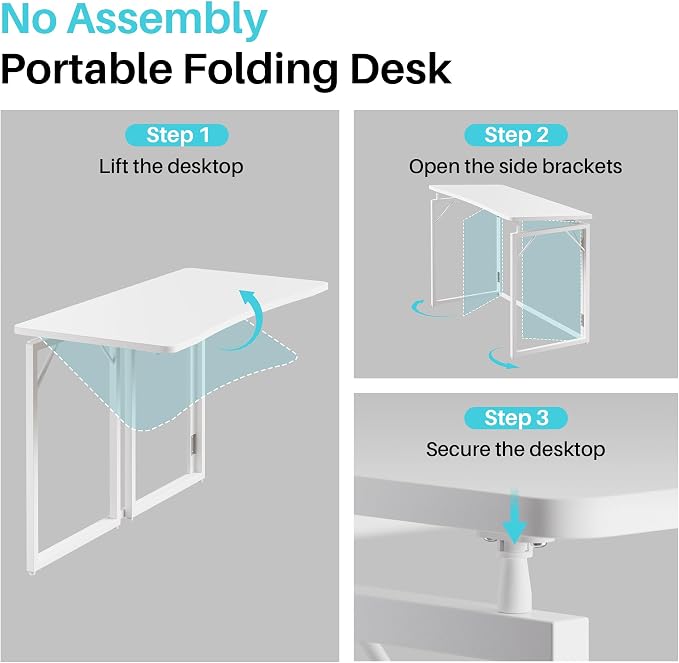 JOYMOOP White Folding Desk - 40", No Assembly Middle Size Foldable Desk for Home, Office, Wooden Top Folding Computer Desk for Working, Writing, Studying