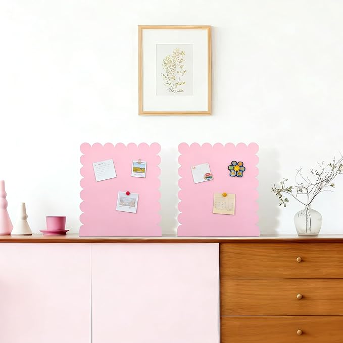 Gueevin 2 Pcs Magnet Board Standing Magnetic Metal Board for Desk and Wall Scalloped Magnetic Display Stand for Memos Photos and Documents Home Office School Desk Storage Decoration(Pink,Medium)