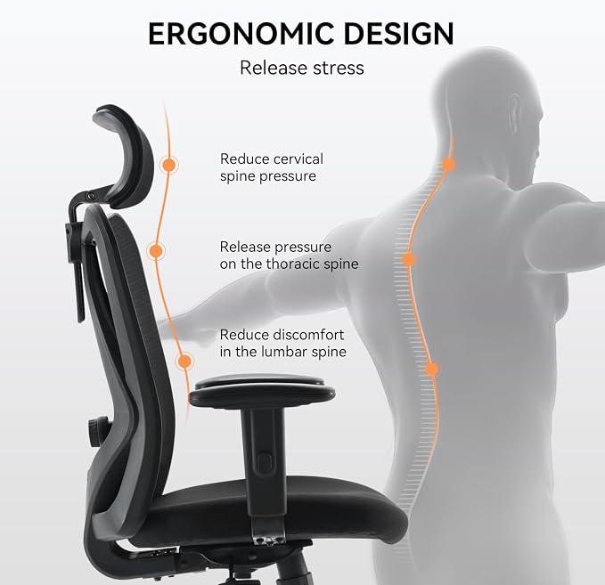 XUER Ergonomic Office Chair, Mesh Computer Desk Chair with Adjustable Sponge Lumbar Support, Thick Cushion, PU Armrest and Headrest, High Back Swivel Home Office Task Chair for Work (Black)…