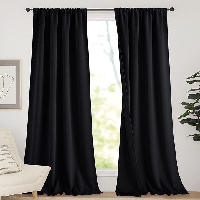 NICETOWN 100% Blackout Curtains Cold Blocking, Durable Black Lined Blackout Curtains for Bedroom, Energy Saving Long Curtains for Patio Sliding Glass Door, Black, 52-inch x 95-inch, 2 Panels