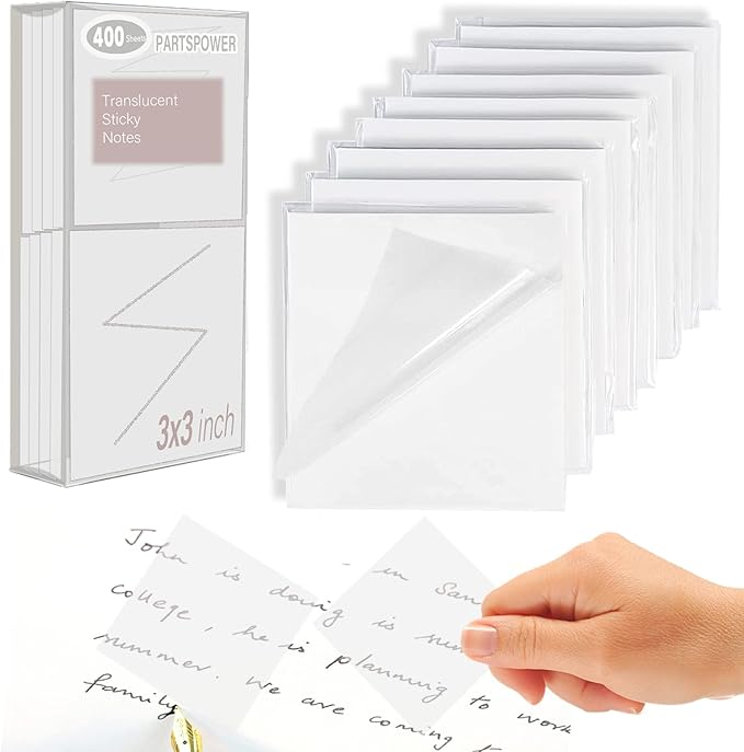 400 Sheets Transparent Sticky Notes, 3x3 inch Clear See Through Sticky Notes, for Reading Writing Notes Book Markers, Study Office School Supplies, 50 Sheets/Pad (8 Pads)