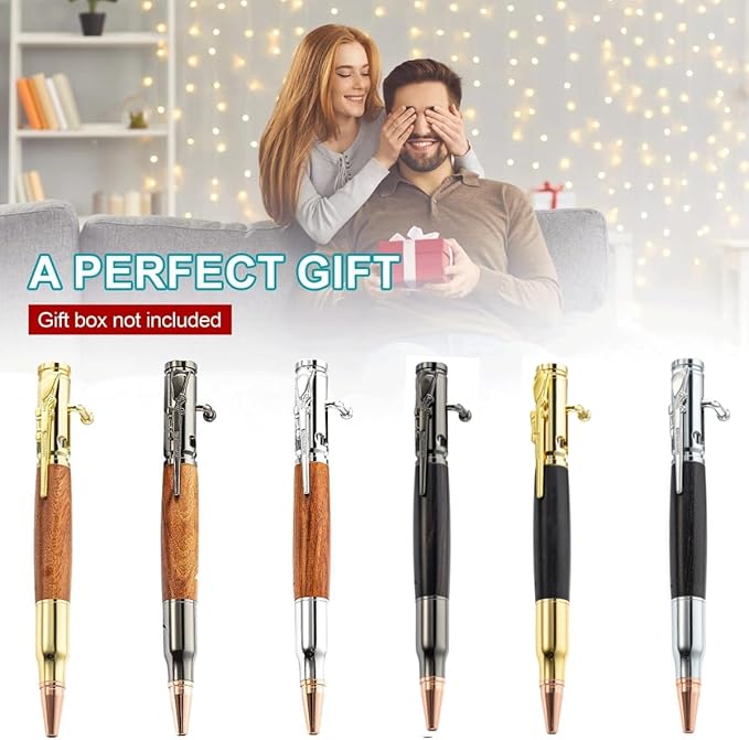 QZQUFJ 6 Piece Woodturning Bolt Action Pen Set for Men, Custom Pens Personalized, Fancy Cool, Unique Pen Sets for Gift, Bullet Engraved Wood, Rifle Gun Customized Pen