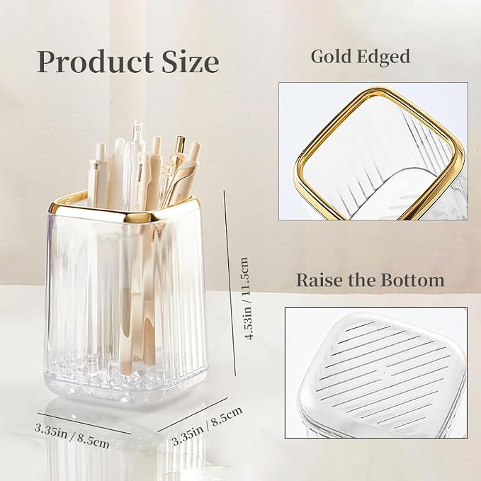 Acrylic Pen Holder, Cute Clear Desk Organizer for Pencils, Makeup Brushes Toothbrushes Storage Cup with Striped Design for Vanity Bathroom