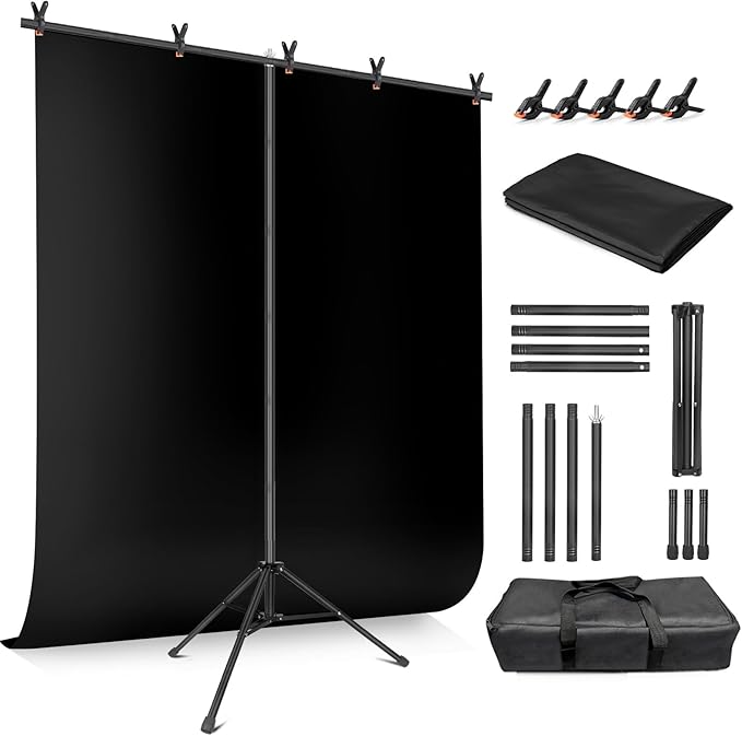 Black Backdrop Background with Stand for Photoshoot, 5x6.5ft Black Photo Backdrop Curtain Cloth with Background Support Stand, 5 Spring Clamps& Carrying Bag for Party Photography Video Studio