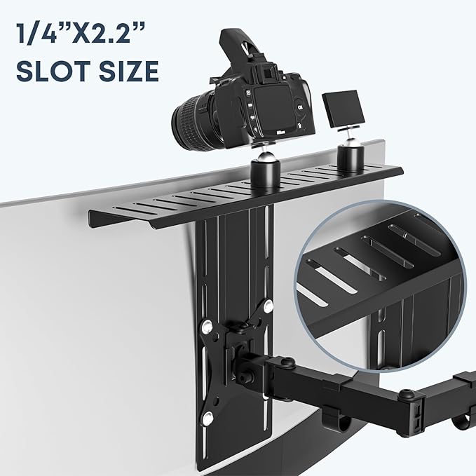 16 inch VESA Monitor Mount Shelf for Streaming - Holds Cameras, Webcams, Microphones & Lights, Height Adjustable, Fits 100×100 mm VESA Pattern, All-in-One Design (Black)