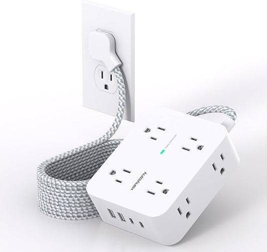 10 ft Extension Cord, HANYCONY 1080J Surge Protector Power Strip Long Cord with 8 AC Outlets and 4 USB Ports (2 USB-C), Wall Mount, Desk Charging Station for Home Office College Dorm Room Essentials