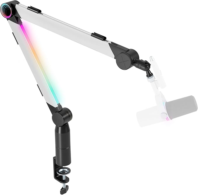 ARES WING Aluminum Microphone Boom Arm with RGB Light and Volume Control, Adjustable Mic Arm Desk Mount with 3/8” to 5/8” Screw Adapter, Suspension Scissor Mic Stand for Gaming Streaming Podcasting
