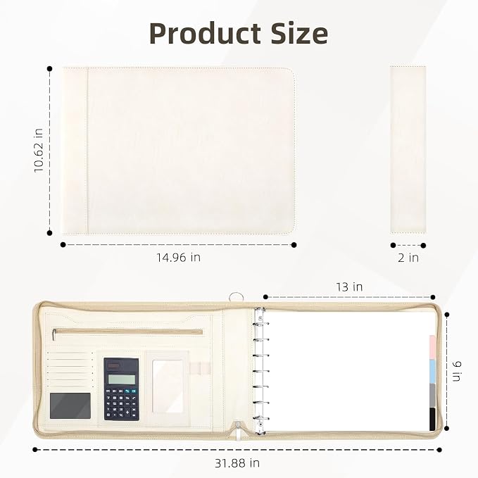 Ospelelf Beige Zippered 7 Ring Check Binder for Business Checks (9" x 13"), 1 Inch Faux Leather Checkbook Portfolio with Zipper Pouch, Professional Binder Organizer for Accountants, Home Use