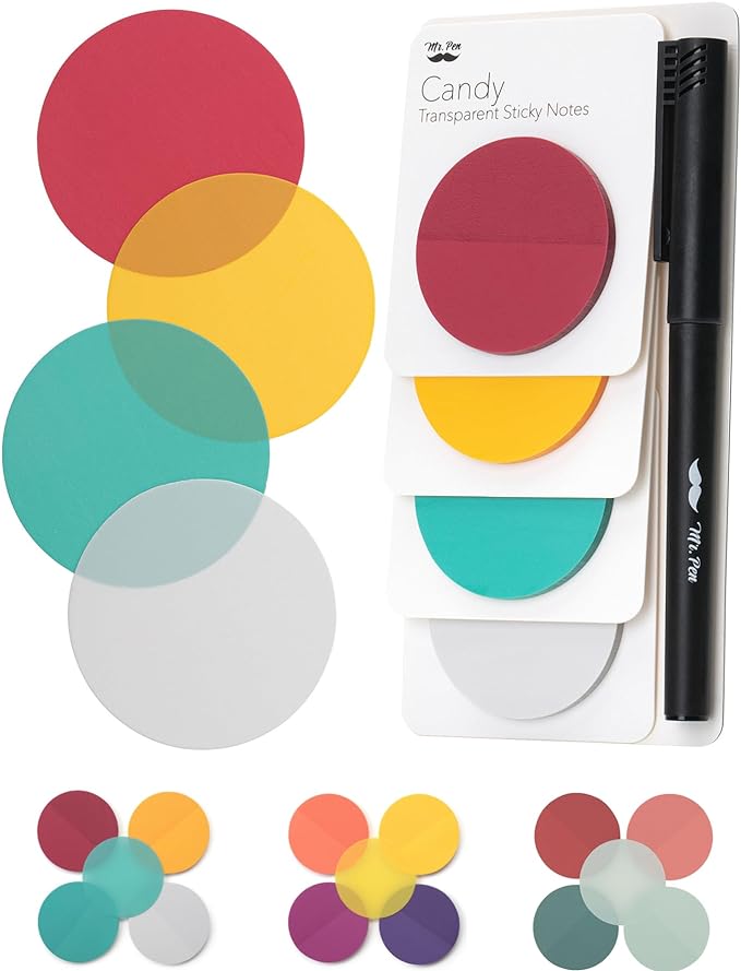 Mr. Pen- Round Transparent Sticky Notes, 1.8”, 4 Pads with Black Fineliner | 200 Sheets, Smooth Writing, Water-Resistant, Clean Removal, Easy-Peel Sticky Notes for Bible Journaling & Planning