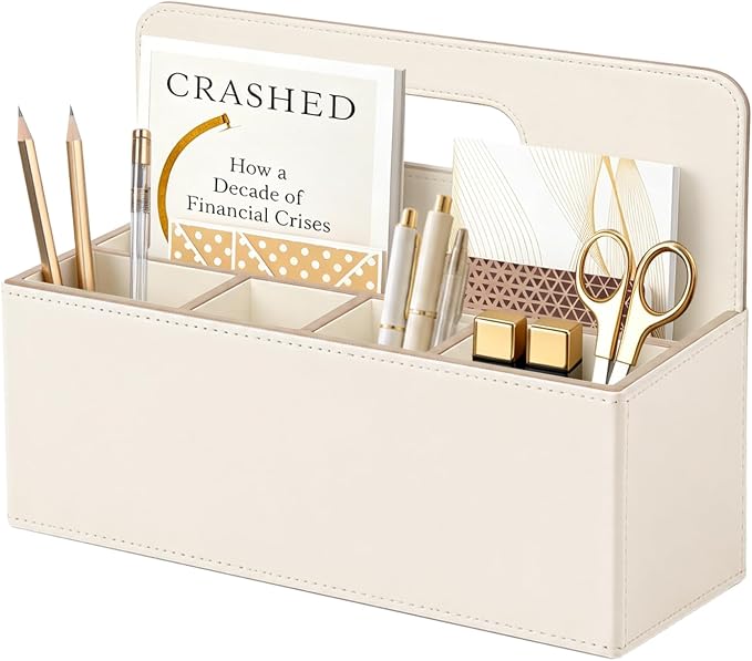Mail Organizer Countertop, Pencil Holder, Office Supplies File Bill Sorter | PU Leather Aesthetic 5-Slot Desktop Storage box,Remote Caddy for Stationery,Glasses,Letter,Pen,Desk Accessories, Home Decor